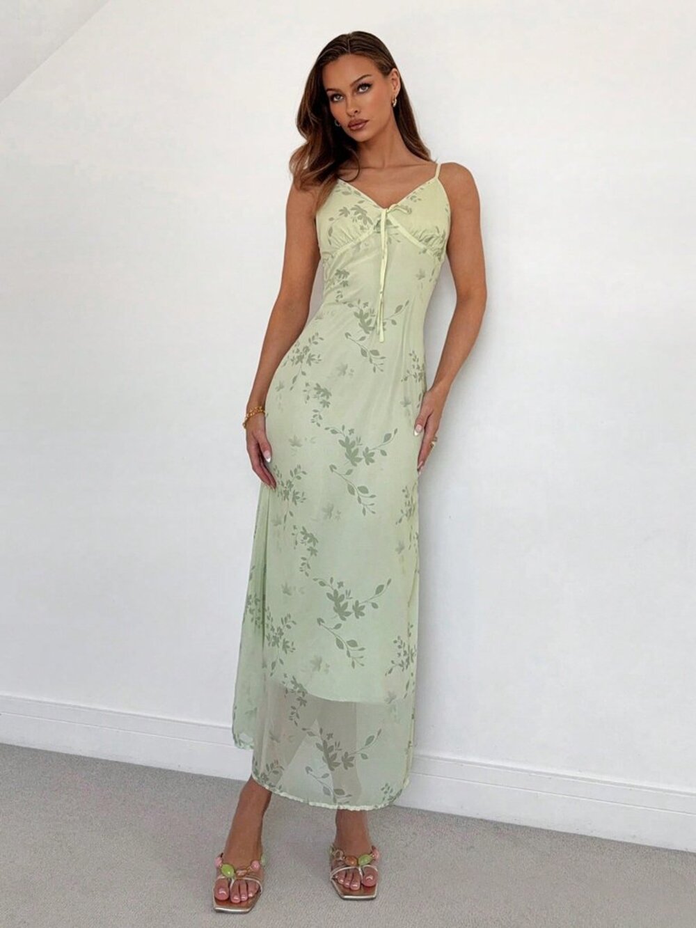 Roylia Women's Vintage Vacation Green Printed Tie-Up Mid-Length Fishtail Slip XL